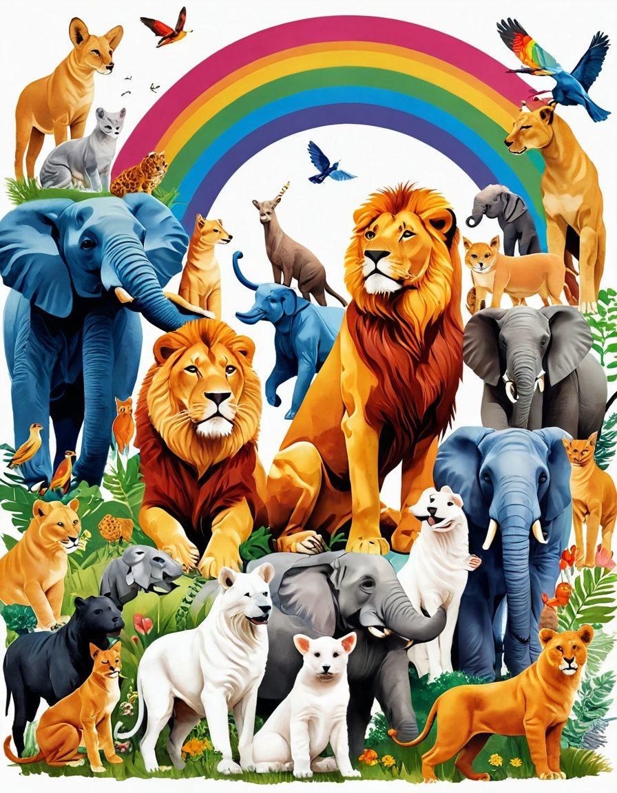A heartwarming collage depicting a variety of animals, from domestic pets like dogs and cats to wild creatures such as lions and elephants, all interacting in affectionate ways. Include vibrant scenes of different habitats, showcasing their unique bonds and playful behaviors, with a rainbow subtly arching in the background to symbolize love across species. super-realistic. vibrant colors. white background.